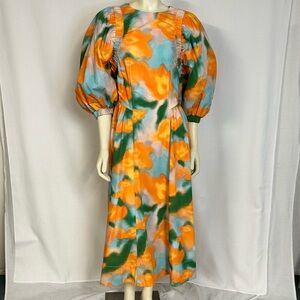Vibrant Orange & Teal Floral Puff-Sleeve Maxi Dress